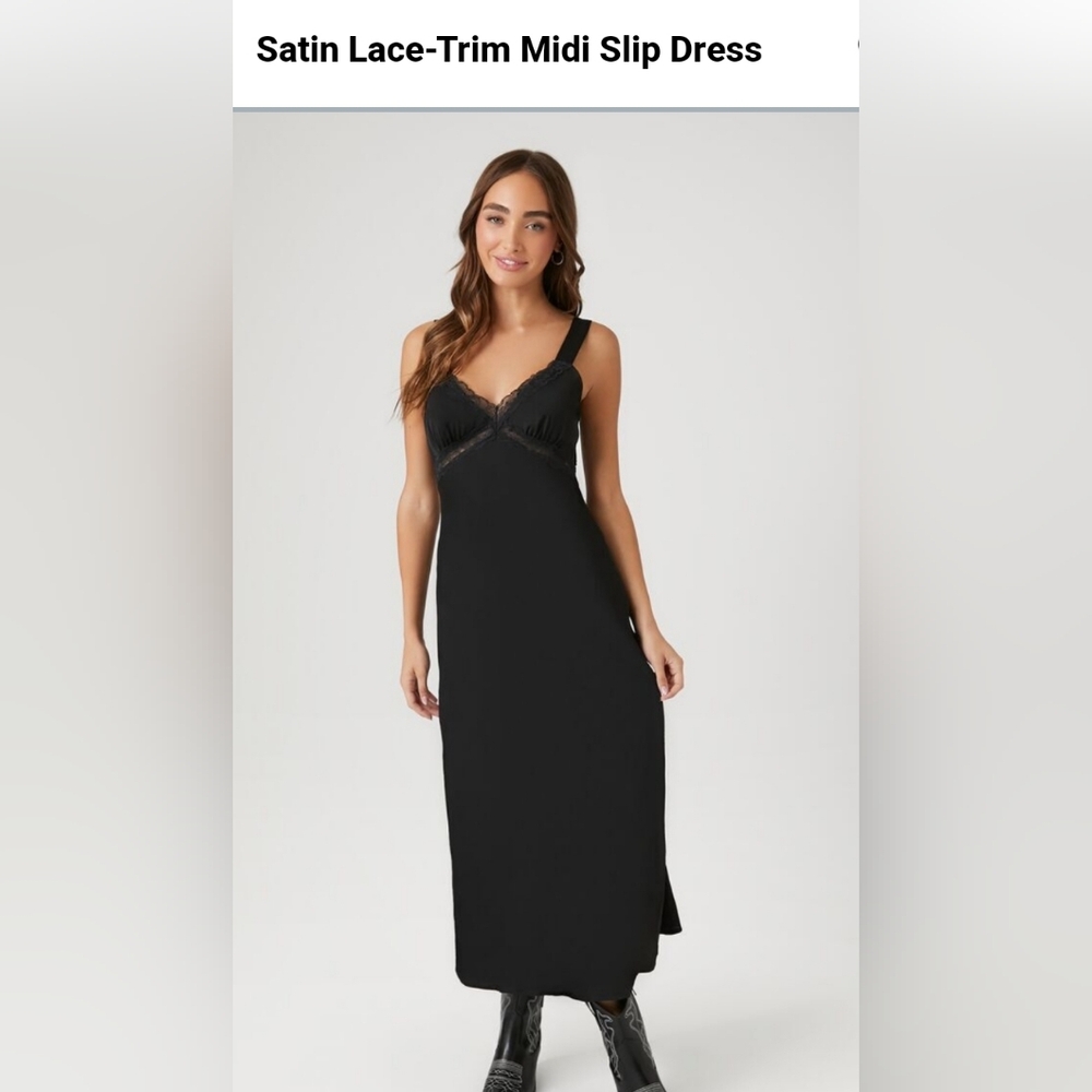 FOREVER 21 Black Satin Lace Trim Midi Slip Dress Medium NWT